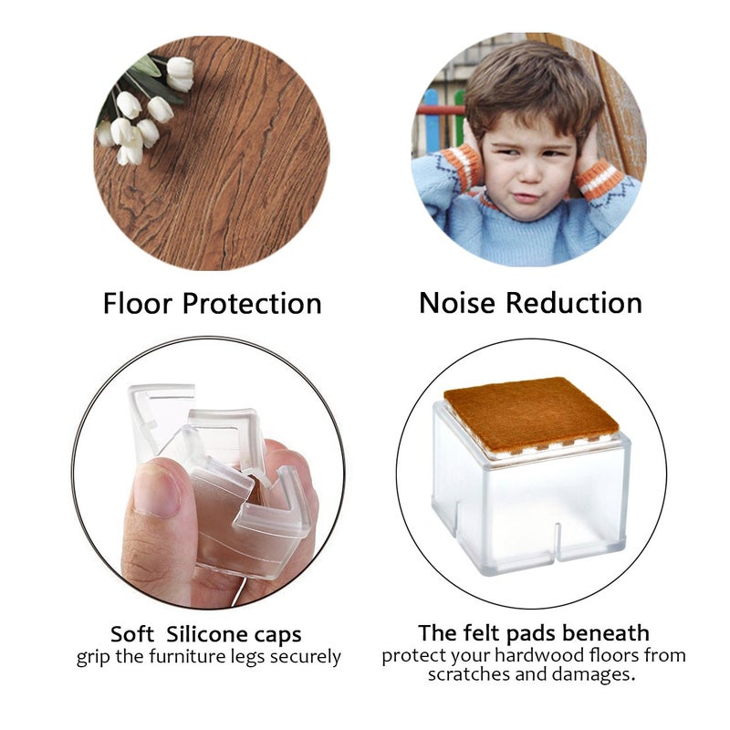 WarmHut 16 Pcs Chair Leg Floor Protectors Caps, Transparent Clear Furniture Foot Covers Silicone Chair Leg Caps with Felt Pads to Prevent Scratches & Reduce Noise, Square - Image 3
